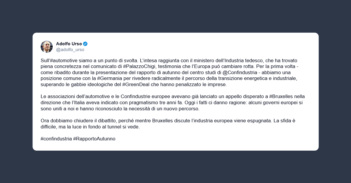 Urso: sull’automotive siamo a un punto di svolta