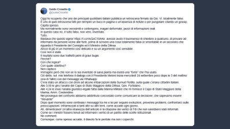 Crosetto: articolo su di me e Meloni totalmente «falso»