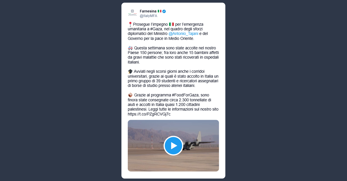 Farnesina: prosegue l’impegno dell’Italia per l’emergenza umanitaria a Gaza