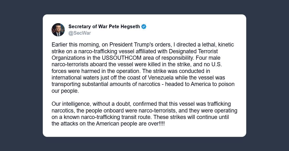 Hegseth: affondata un’altra imbarcazione di narcotrafficanti