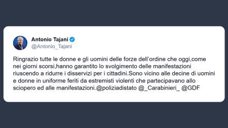 Tajani: grazie a tutte le donne e uomini delle forze dell’ordine