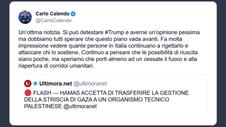Calenda: piano Trump su pace a Gaza ottima notizia