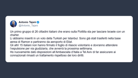Tajani: 26 connazionali della Flotilla stanno per tornare in Italia