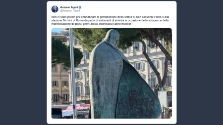 Tajani condanna la profanazione della statua di Wojtyla a Roma