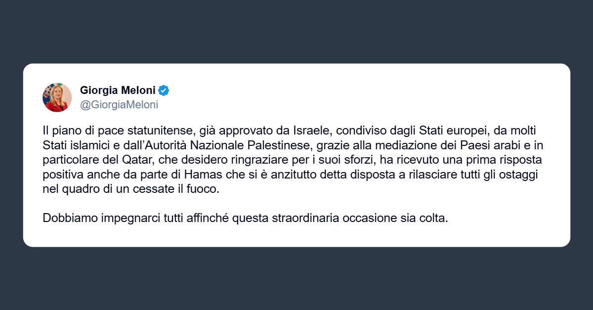 Giorgia Meloni sul piano di pace statunitense