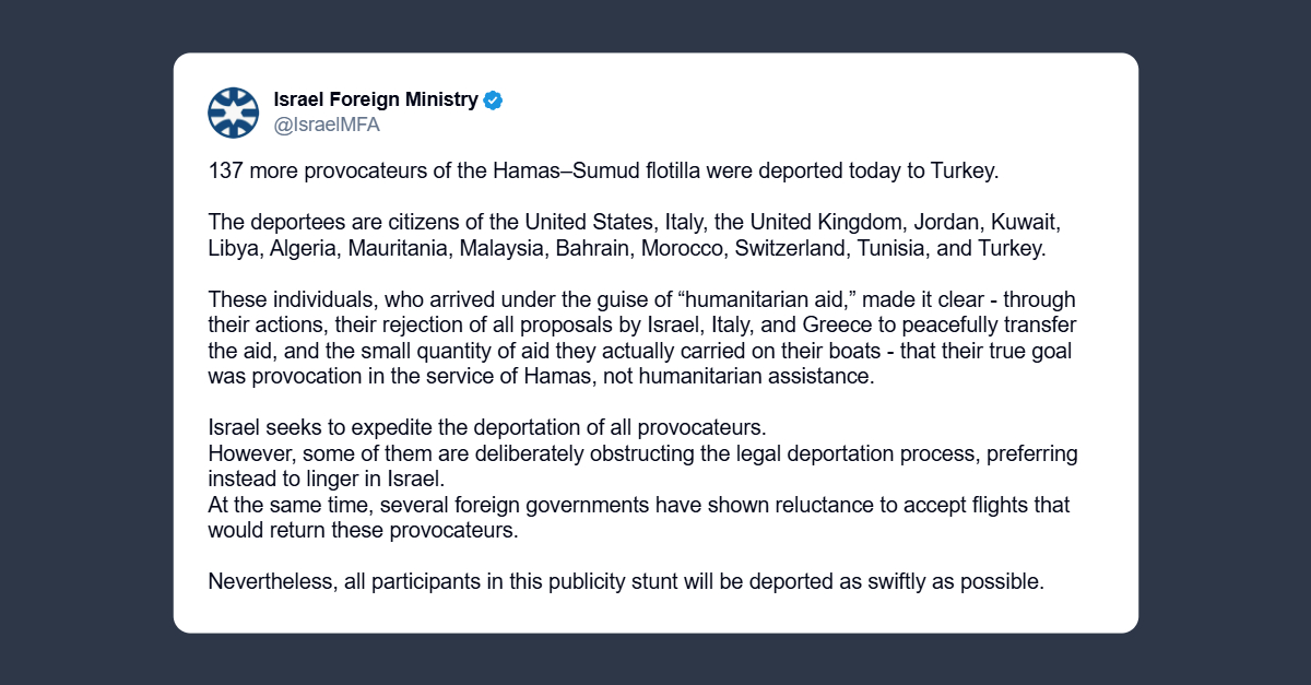 Israele: diversi provocatori della Flotilla non vogliono essere rimpatriati