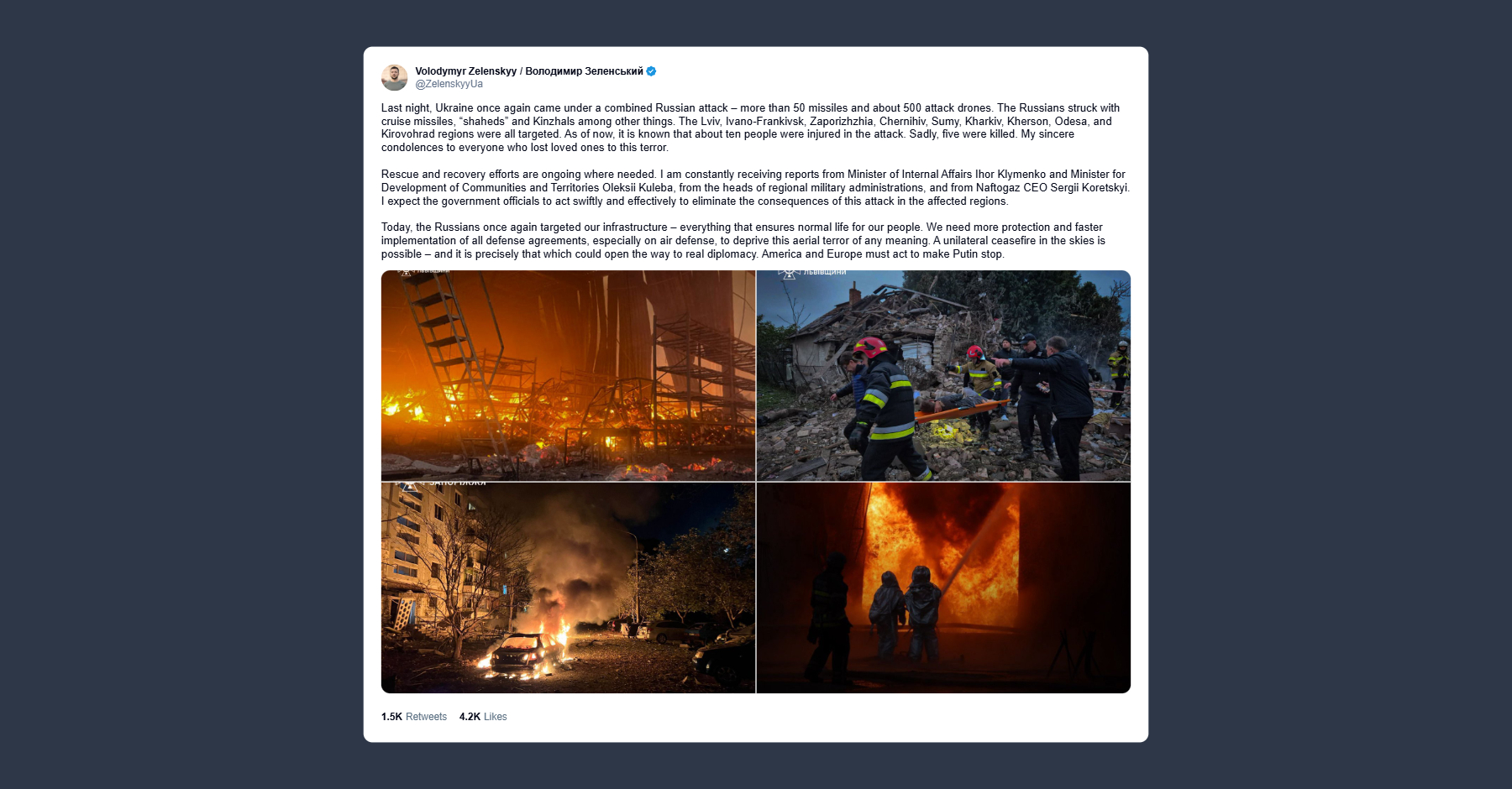 Zelensky: attacco russo causa 10 feriti e 5 morti