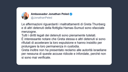 Ambasciatore israeliano: presunti maltrattamenti di Greta Thunberg sono «sfacciate menzogne»