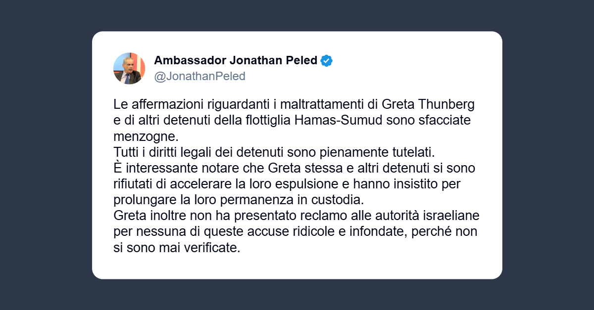 Ambasciatore israeliano: presunti maltrattamenti di Greta Thunberg sono «sfacciate menzogne»
