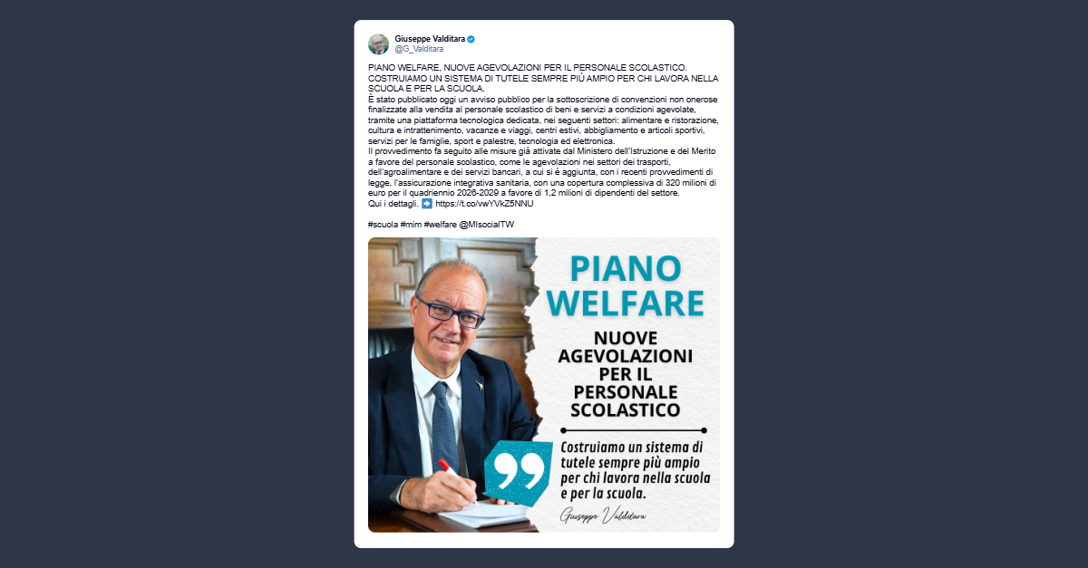 Valditara: nuove agevolazioni per il personale scolastico