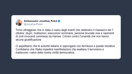 Ambasciatore israeliano Peled: oltraggiose le celebrazioni del massacro del 7 ottobre