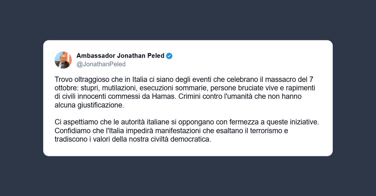Ambasciatore israeliano Peled: oltraggiose le celebrazioni del massacro del 7 ottobre