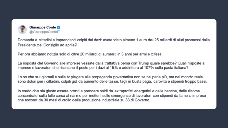 Conte: lavoratori rischiano il posto per i dazi al 15%