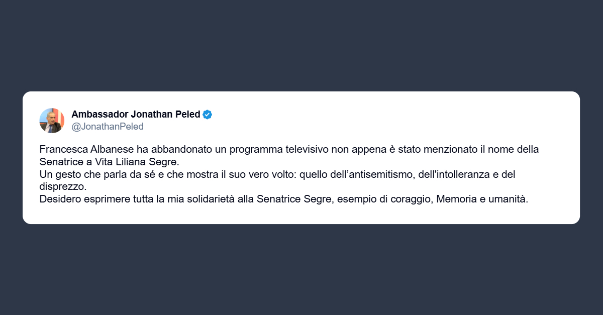 Ambasciatore Israele: solidarietà alla senatrice Segre