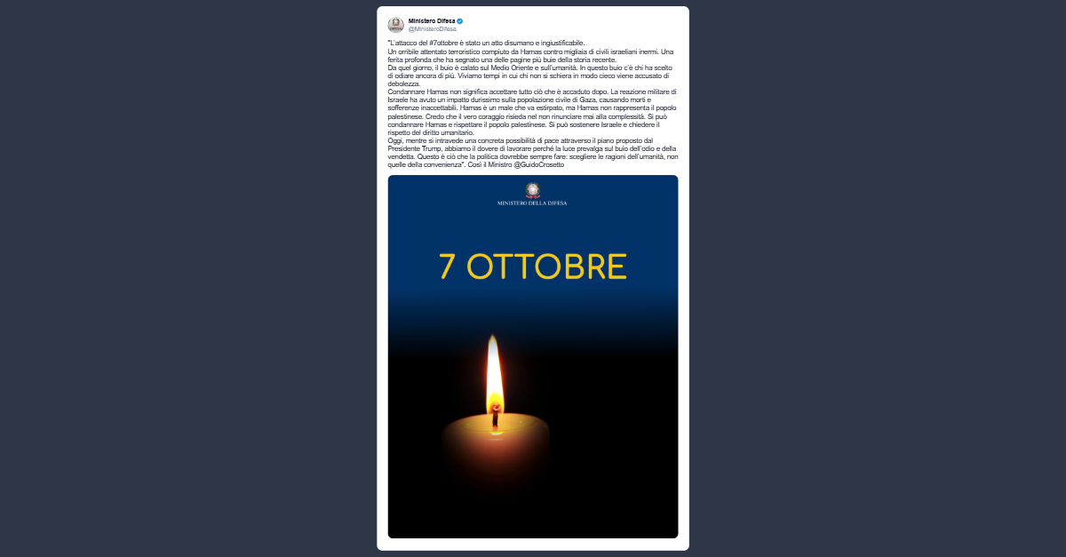 Crosetto: il 7 ottobre il buio è calato sul Medio Oriente e sull’umanità