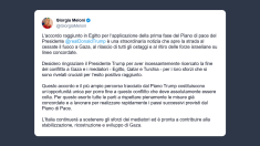Meloni: opportunità unica per porre fine alla guerra a Gaza