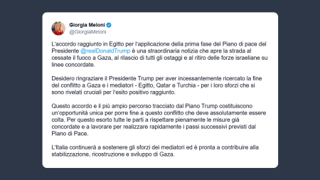 Meloni: opportunità unica per porre fine alla guerra a Gaza