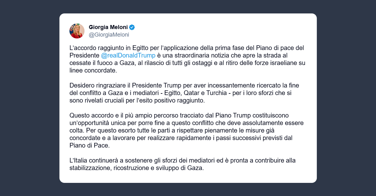 Meloni: opportunità unica per porre fine alla guerra a Gaza