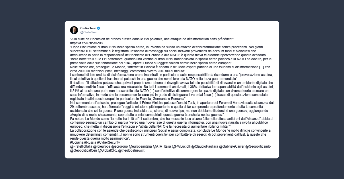 Terzi: ondata di disinformazione dopo incidente nello spazio aereo polacco