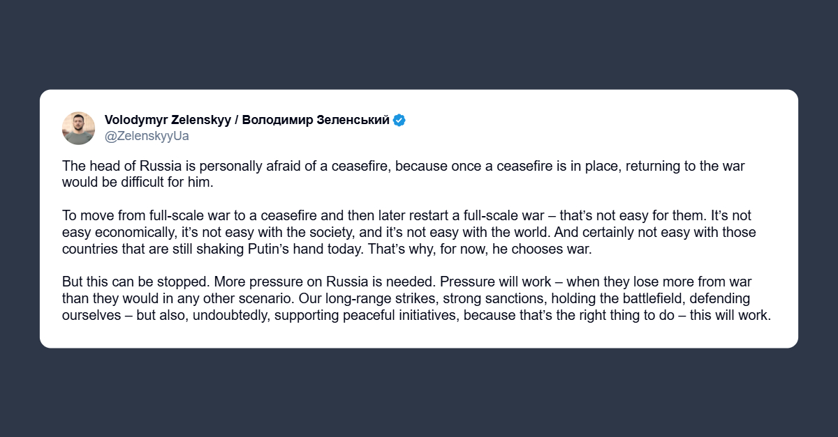 Zelensky su Putin: teme personalmente un cessate il fuoco