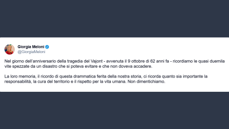 Giorgia Meloni: non dimentichiamo la tragedia del Vajont