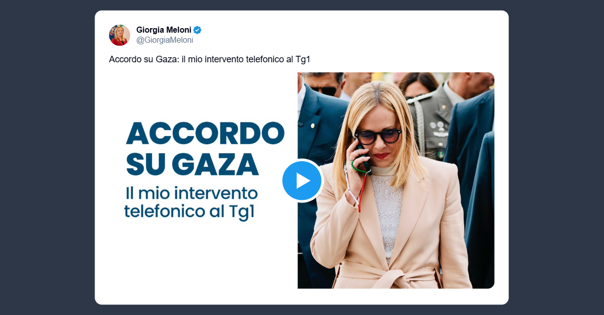 Intervento telefonico al Tg1 di Giorgia Meloni sull’accordo di Gaza