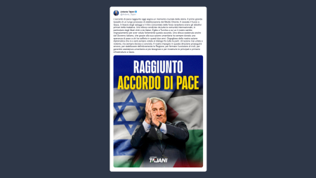 Tajani: l’accordo di pace per Gaza è un momento cruciale della Storia