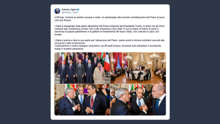 Tajani alla riunione sull’attuazione del Piano di pace Usa per Gaza