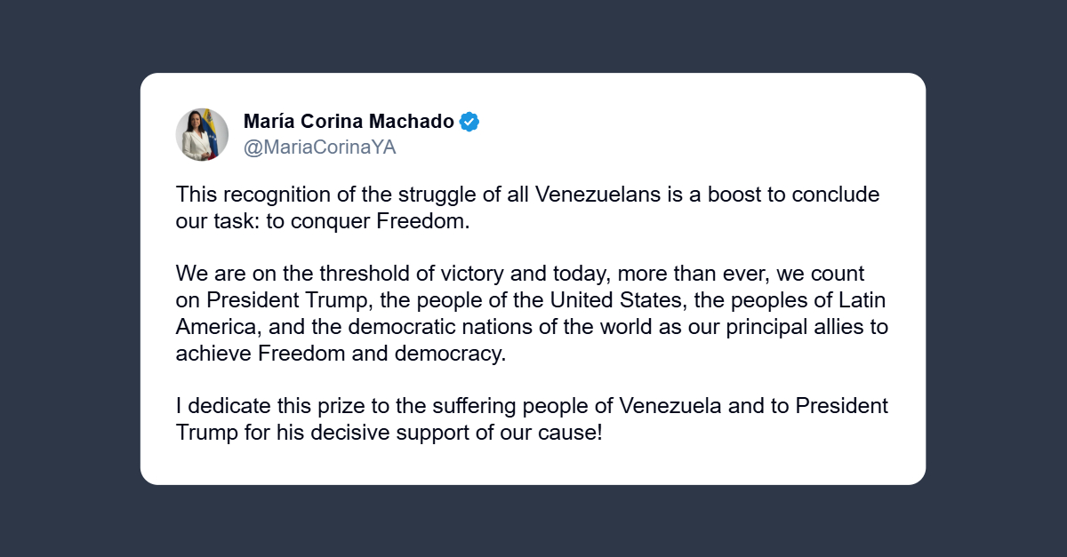 María Corina Machado dedica il Nobel per la pace a Trump