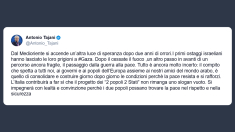 Tajani: dal Medioriente si accende un’altra luce di speranza