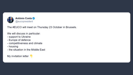 Costa annuncia il Consiglio europeo per il 23 ottobre a Bruxelles
