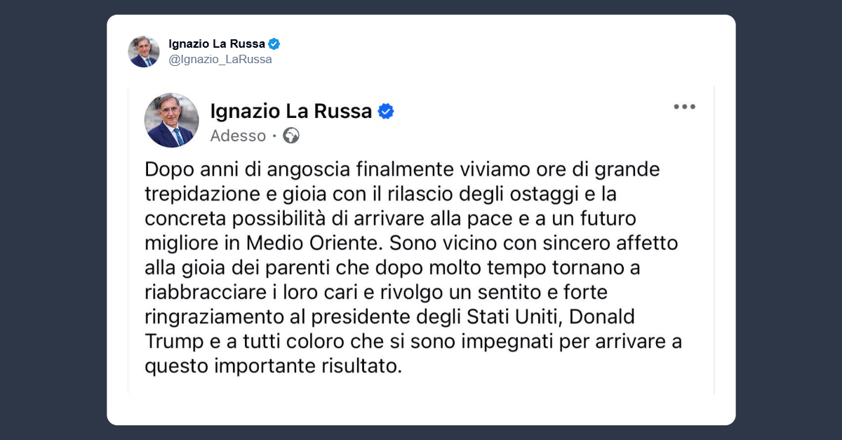 La Russa: concreta possibilità di arrivare alla pace e a un futuro migliore in Medio Oriente
