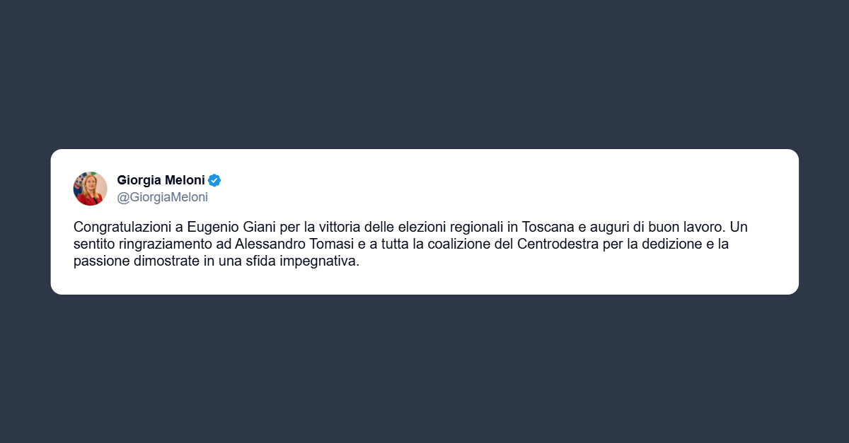 Meloni: congratulazioni a Eugenio Giani per la vittoria in Toscana