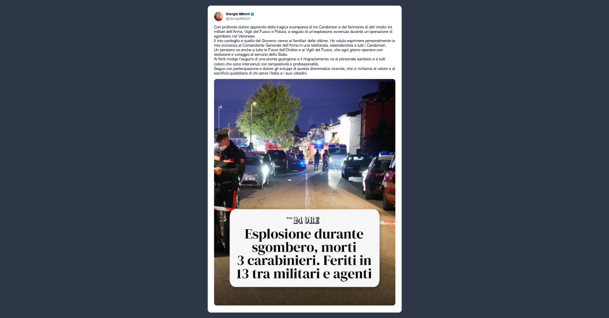 Meloni: il mio cordoglio e quello del Governo per i militari scomparsi nel Veronese
