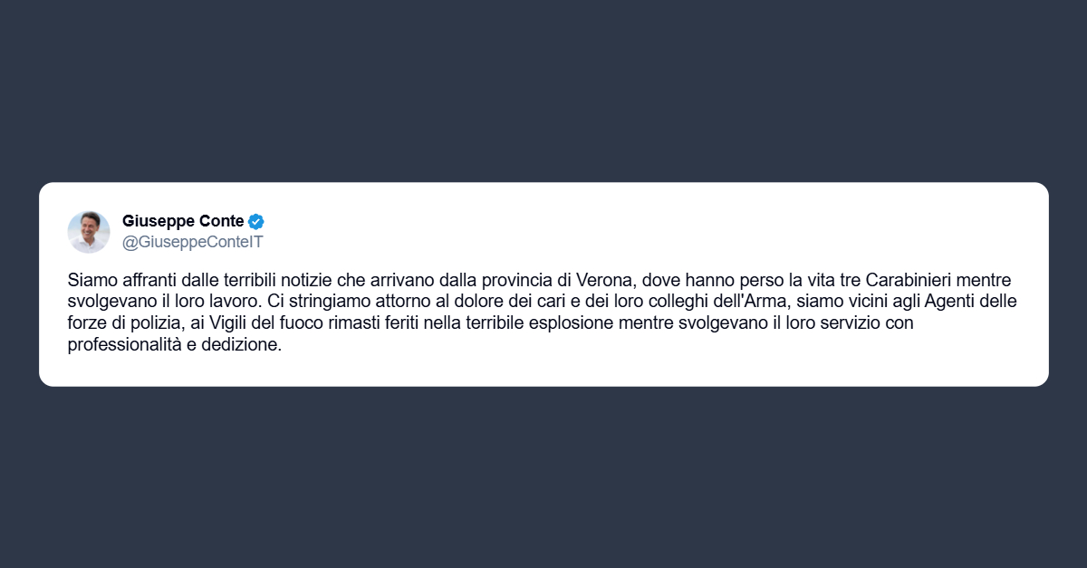 Conte: siamo affranti per la morte di tre Carabinieri del Veronese