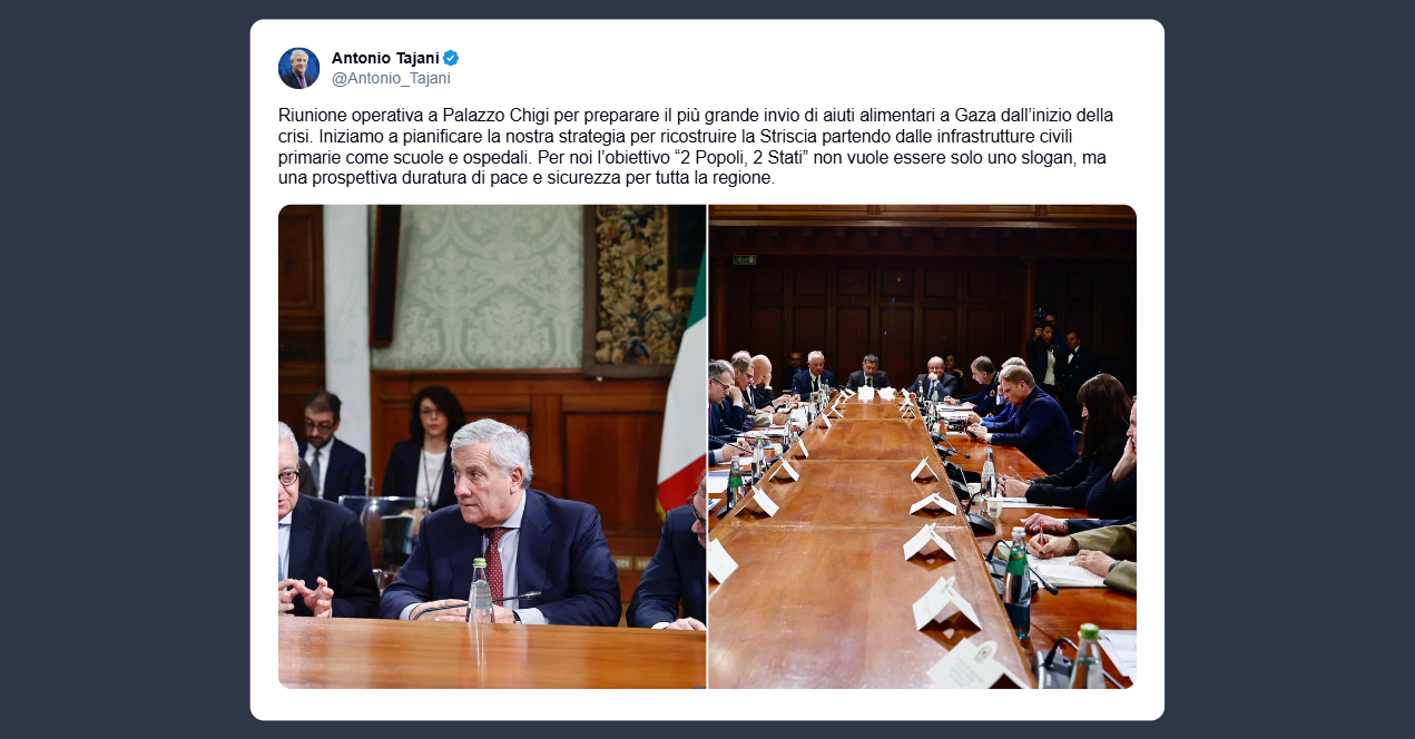 Tajani: iniziamo a pianificare la ricostruzione della Striscia di Gaza