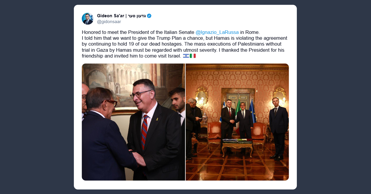 Ministro Esteri israeliano: un onore incontrare a Roma il presidente del Senato italiano