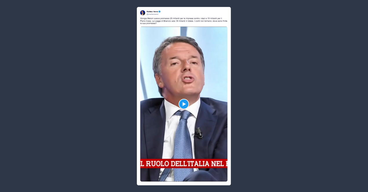Renzi: Meloni aveva promesso 25 miliardi per imprese contro i dazi