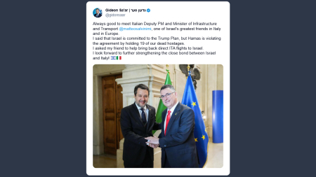 Il ministro degli Esteri israeliano incontra Matteo Salvini