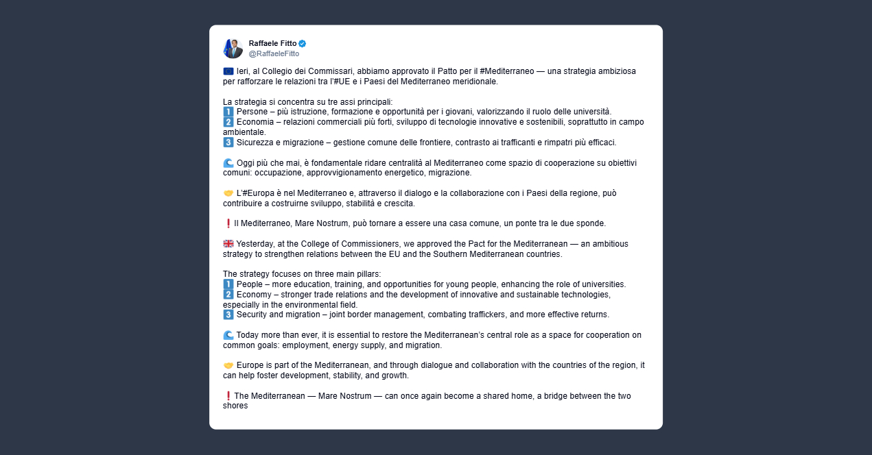 Fitto: rafforzare le relazioni tra Ue e i Paesi del Mediterraneo meridionale
