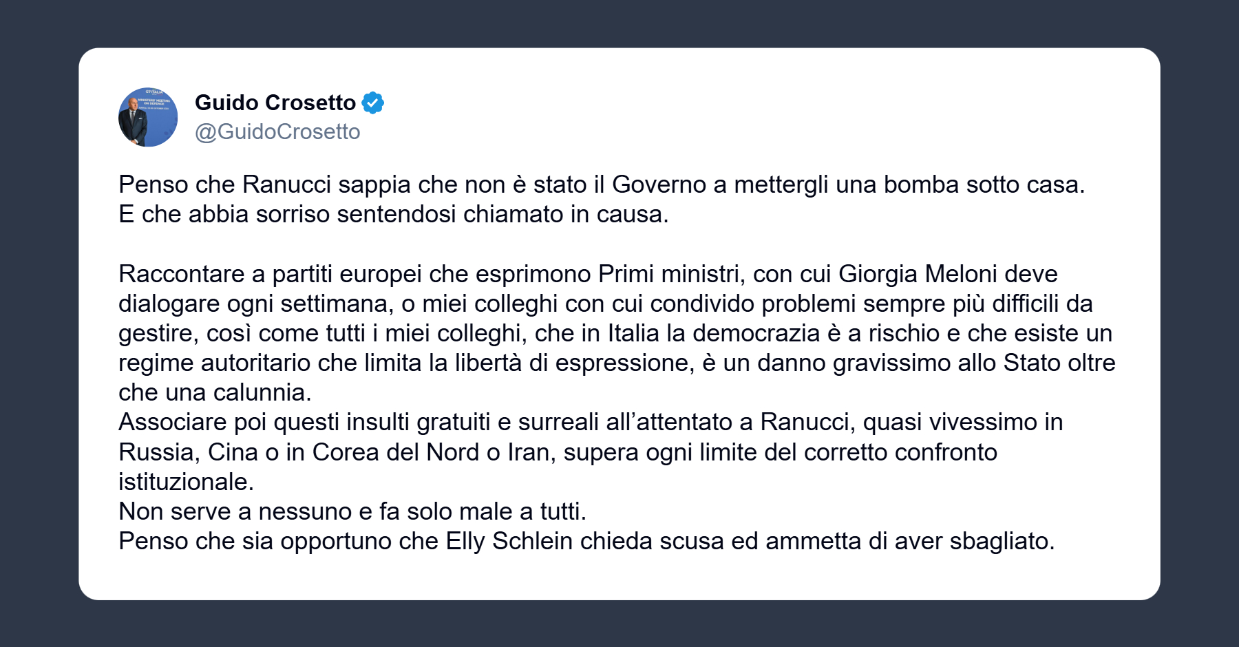 Crosetto su Ranucci: Schlein chieda scusa e ammetta di aver sbagliato