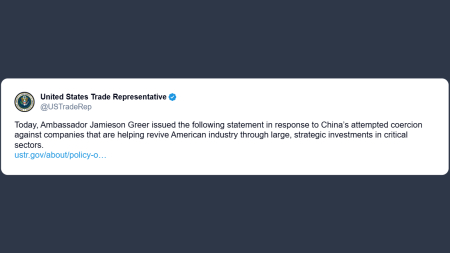 Greer: i tentativi di intimidazione della Cina non fermeranno gli Usa