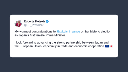 Metsola: congratulazioni a Sanae Takaichi per la sua elezione storica