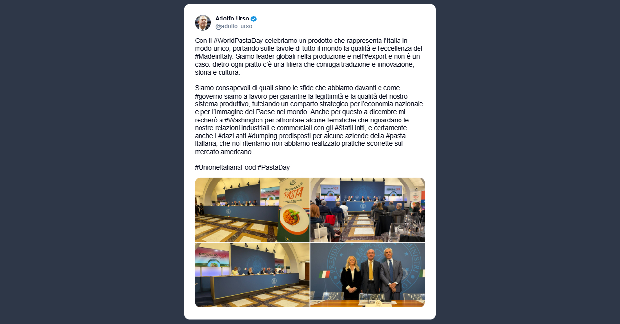 Urso sul World Pasta Day: Governo garantisce legittimità e qualità del nostro sistema produttivo