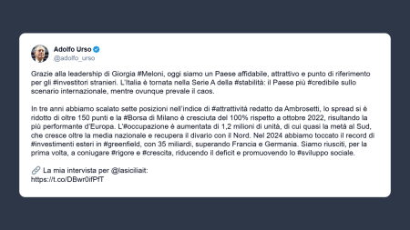Urso: l’Italia è tornata nella Serie A della stabilità grazie al governo Meloni