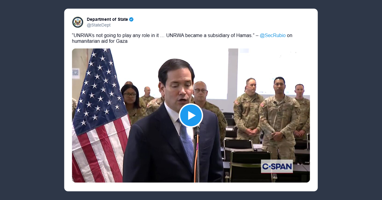 Rubio: Unrwa non avrà più alcun ruolo sugli aiuti umanitari a Gaza