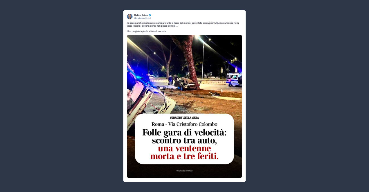 Salvini sulle folli gare di velocità tra auto a Roma