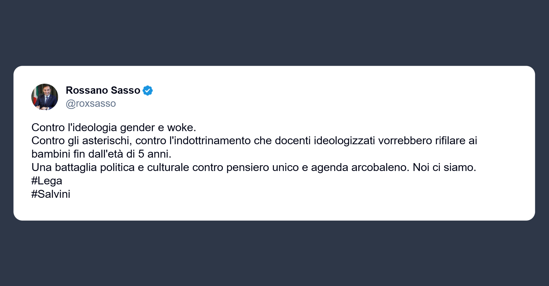Sasso: contro l’ideologia gender e woke Contro gli asterischi e l’indottrinamento dei docenti ideologizzati