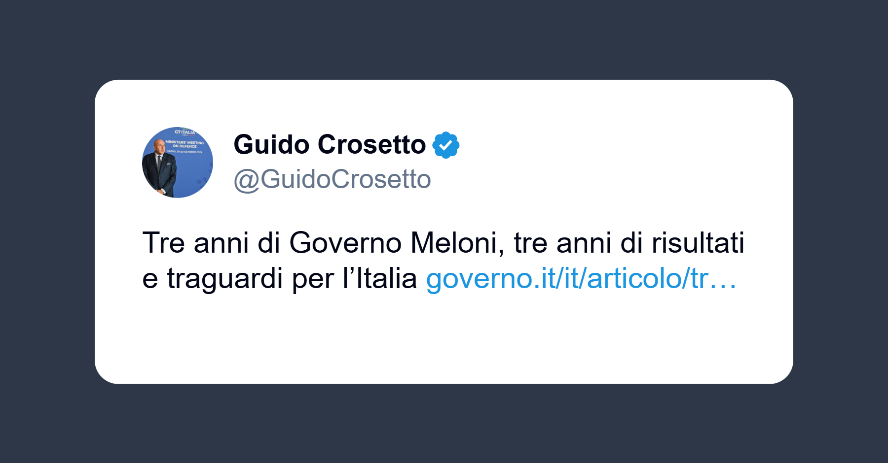 Crosetto: tre anni di Governo, tre anni di risultati e traguardi per l’Italia