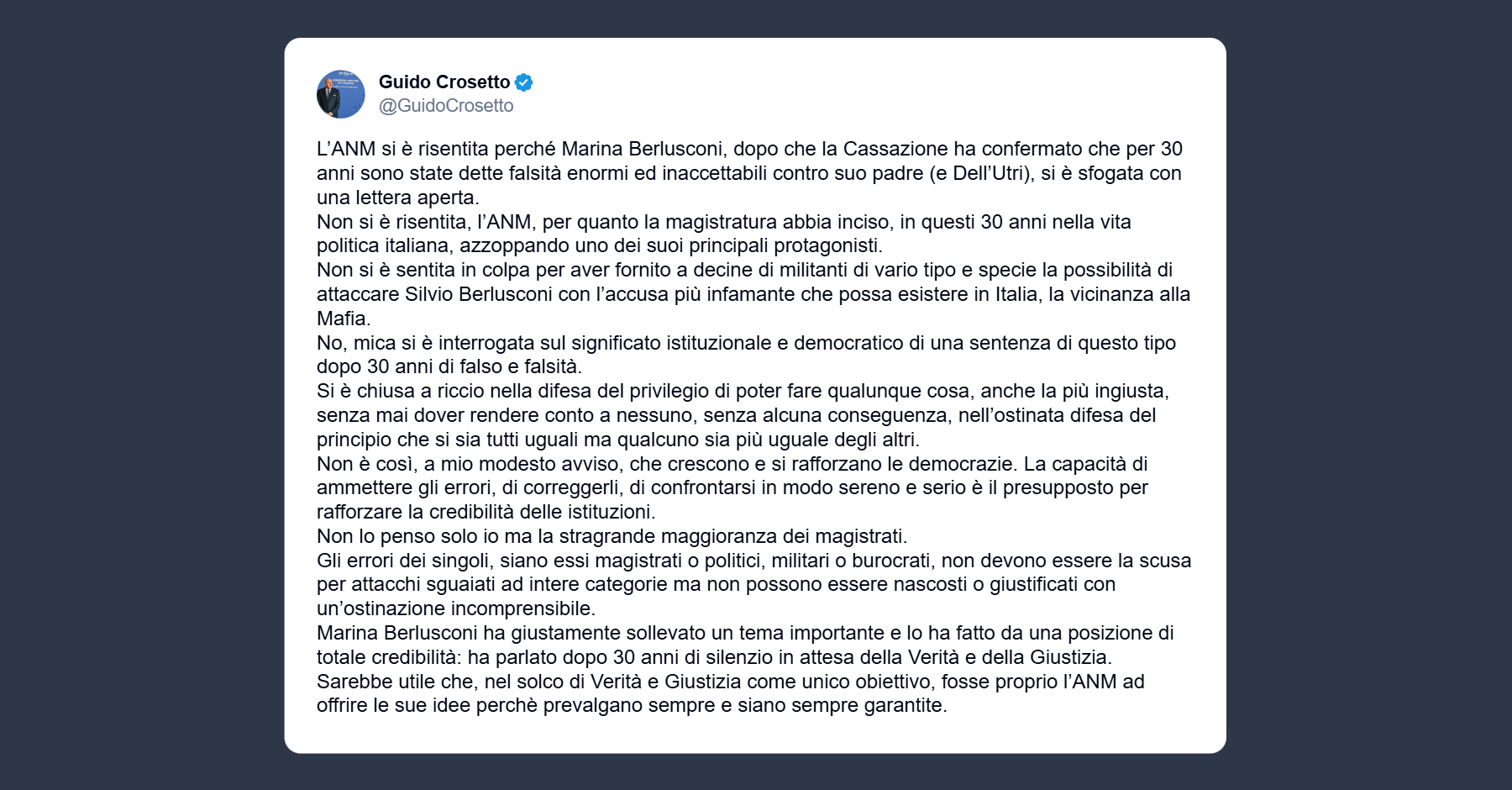 Crosetto: Anm risentita per lo sfogo di Marina Berlusconi sulle false accuse di vicinanza alla mafia di Silvio